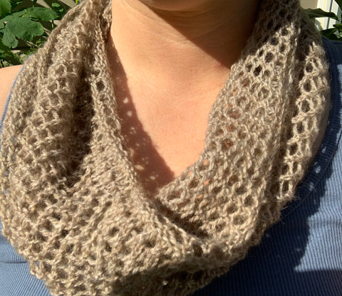 100% Qiviut Mobius by Qiveut Designs - Qiveut.com
Hand Knit Mobius using circular needles and a twisted cast on
Circular Lace Neck Scarf 
Hand Knit Lace Pattern is different on each Lace Mobius
Twist keeps the scarf from shifting when worn around the neck