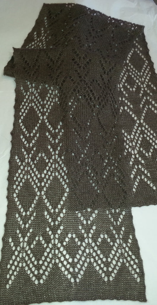 Qiviut Lace or Plain Knit Scarf by Qiveut Designs Qiveut.com
Natural Brown
Each with no roll edges
72" X 8"
Each one is handmade and hand dyed so they will vary slightly in size and dye lot